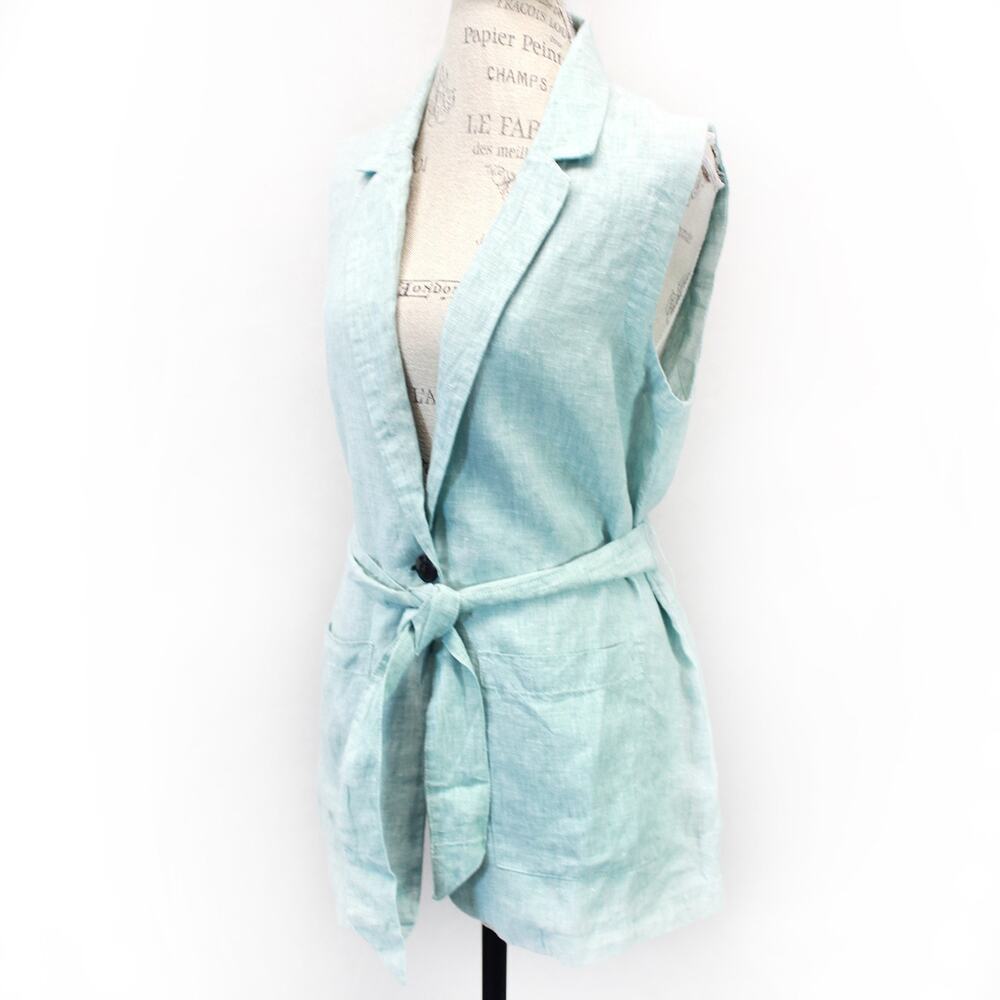 Tahari 100% linen green blouse top vest sleeveless pockets belt Large